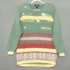 SK Wear Vintage Greek Key Sweater Women's M Green Metallic‎ V-Neck Pullover